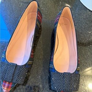 J. Crew Multicolor Plaid Flats with Black Embellished Bow